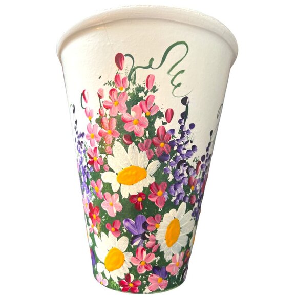 Sublime Handpainted TERRACOTTA VASE Planter Pot Wraparound Flowers Glazed 7.5" T - Picture 3 of 16